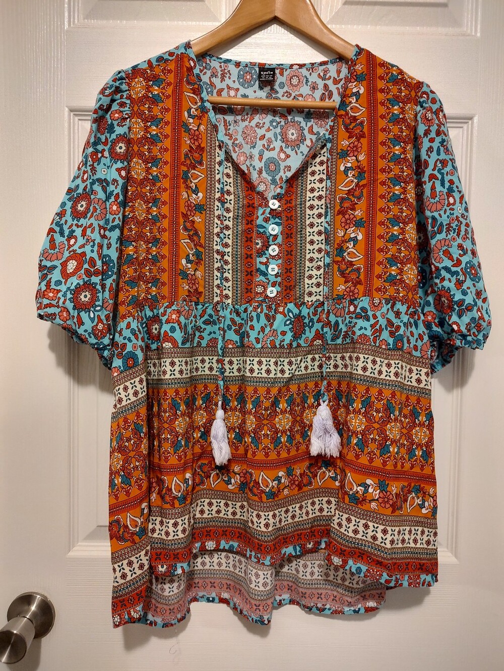 Bohemian Tassel Peasant Top in Turquoise & Rust - Unbranded